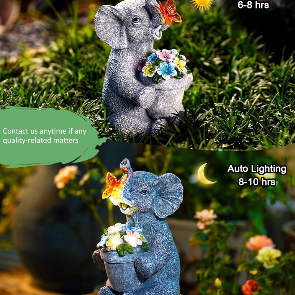 Solar Elephant Statue For Garden Decor: Outside Sculpture For Porch Patio House View 4